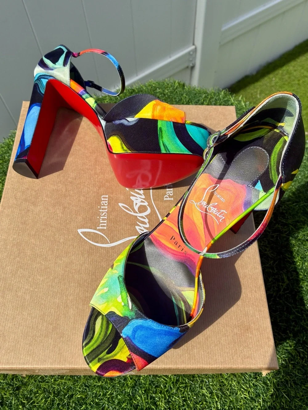 CHRISTIAN LOUBOUTIN SANDALOO BLACK MULTICOLOR SATIN LEATHER PLATFORM SANDAL SZ39